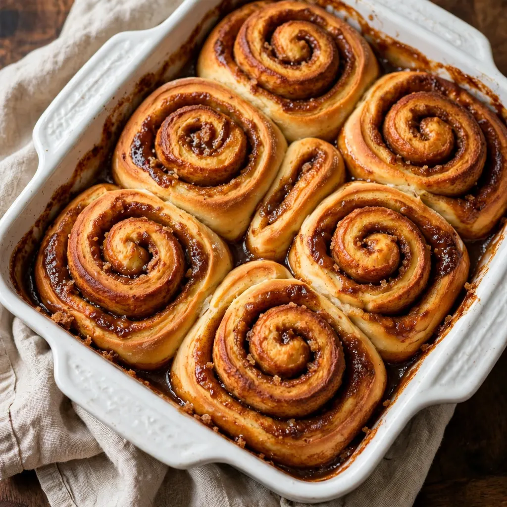 Freshly baked golden cinnamon rolls in white baking dish with caramelized edges before frosting