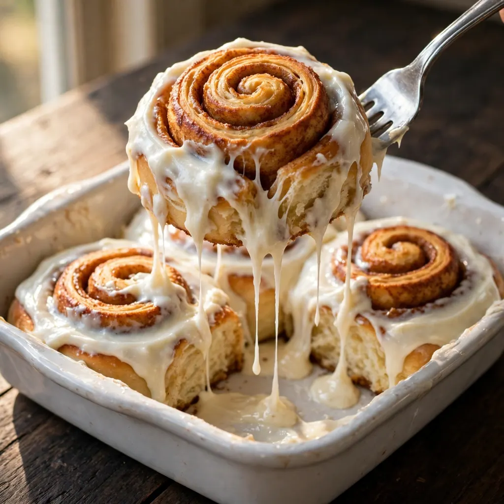 Fork lifting a frosted cinnamon roll from a white baking dish with cream cheese frosting dripping