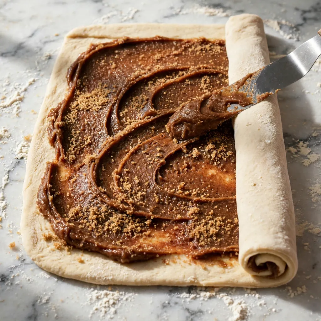 Cinnamon roll dough flat on marble with brown sugar cinnamon filling being spread by an offset spatula