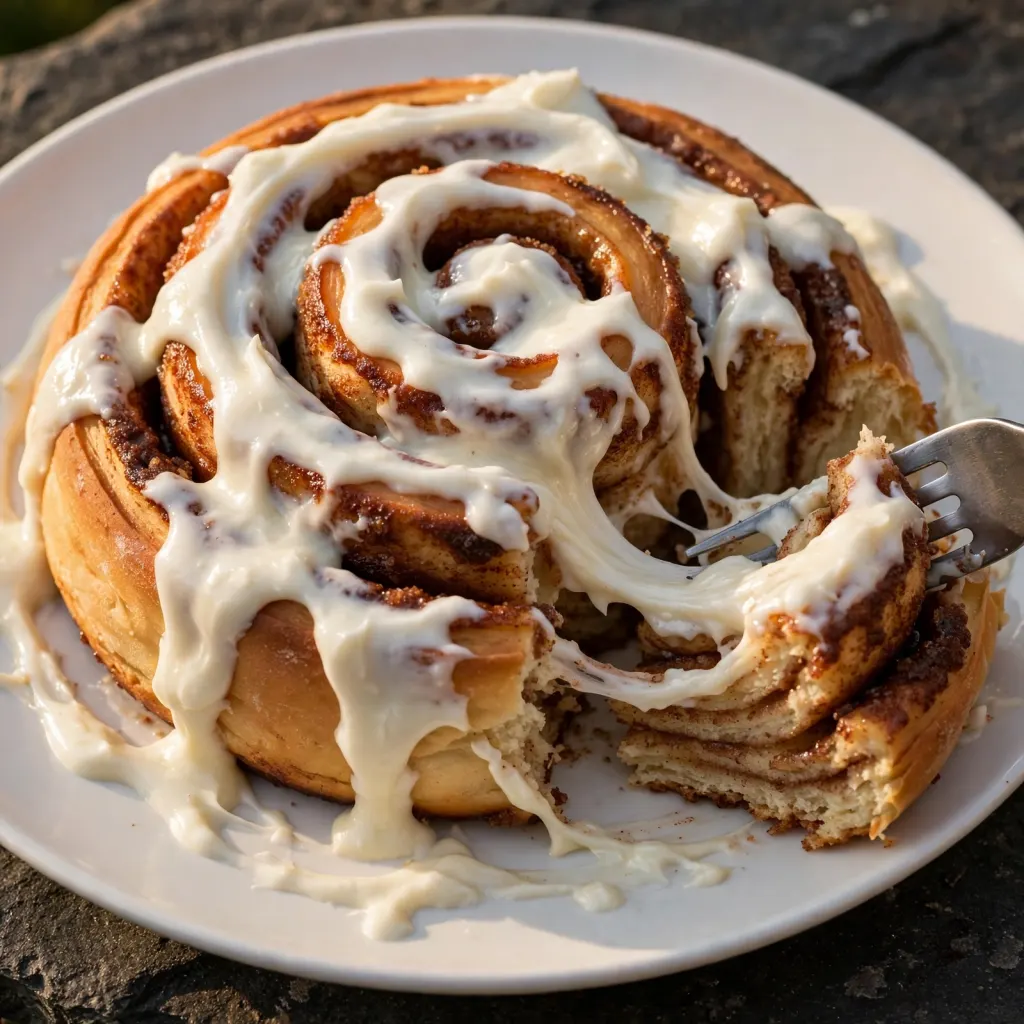Final beauty shot of cinnamon roll on white plate with cream cheese frosting and fork pulling a spiral showing caramelized layers