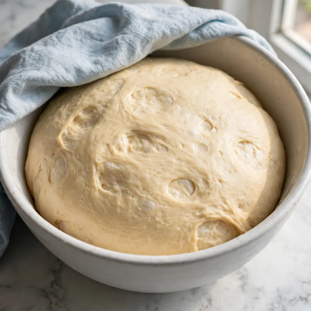 Cinnamon roll dough doubled in size in a white ceramic bowl with kitchen towel pulled back on white marble