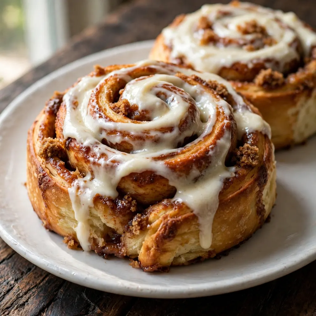 Single cinnamon roll with cream cheese frosting melting into swirled layers on white plate on dark wood