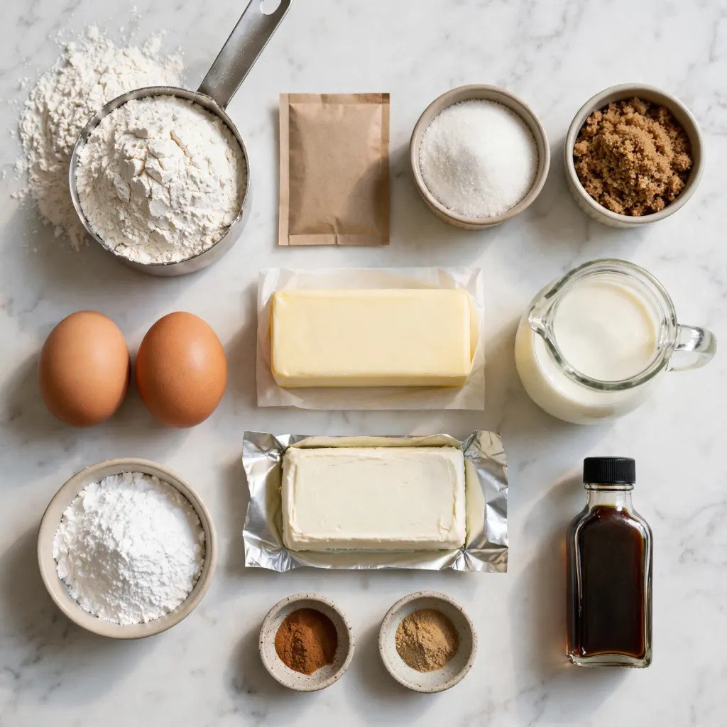 Cinnamon roll ingredients flat lay on white marble including flour, yeast, brown sugar, butter, cream cheese, and cinnamon