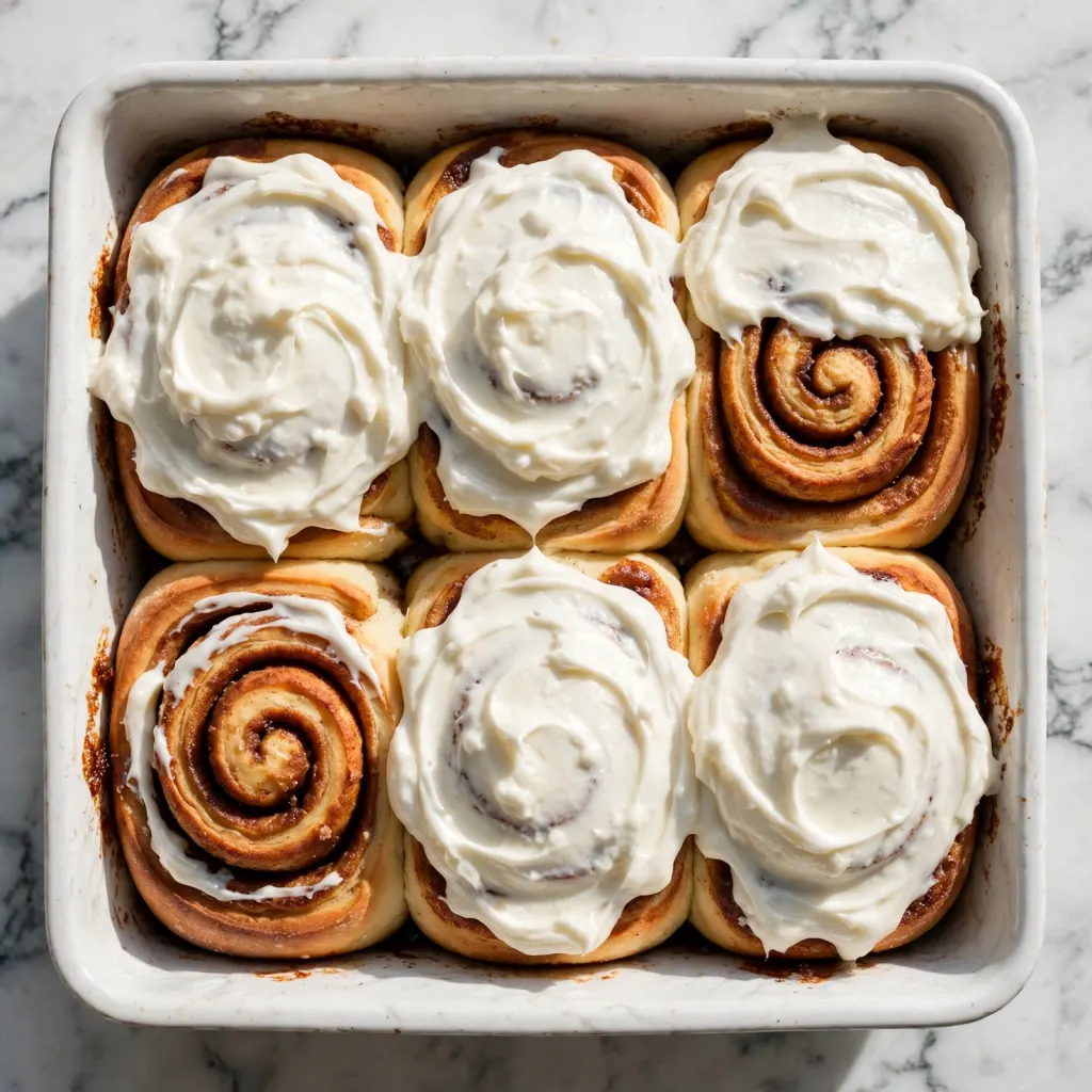 Overhead view of six cinnamon rolls in white baking dish with thick cream cheese frosting on white marble