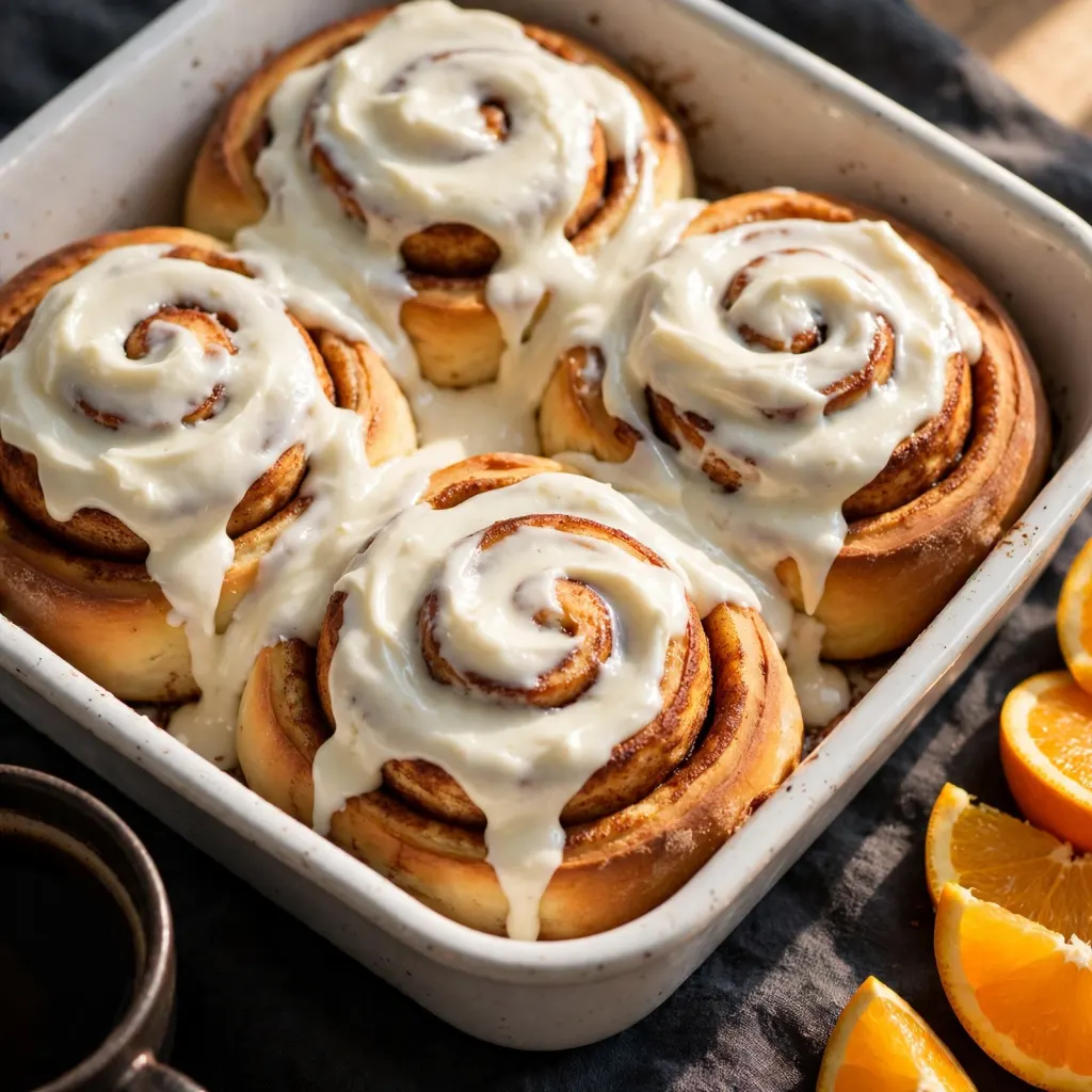 Frosted cinnamon rolls in white baking dish with cream cheese frosting and coffee and orange slices on dark linen