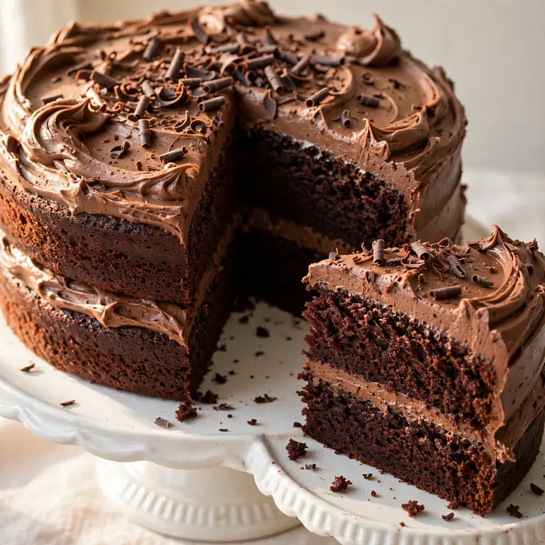 Classic two-layer chocolate cake with chocolate buttercream on white cake stand