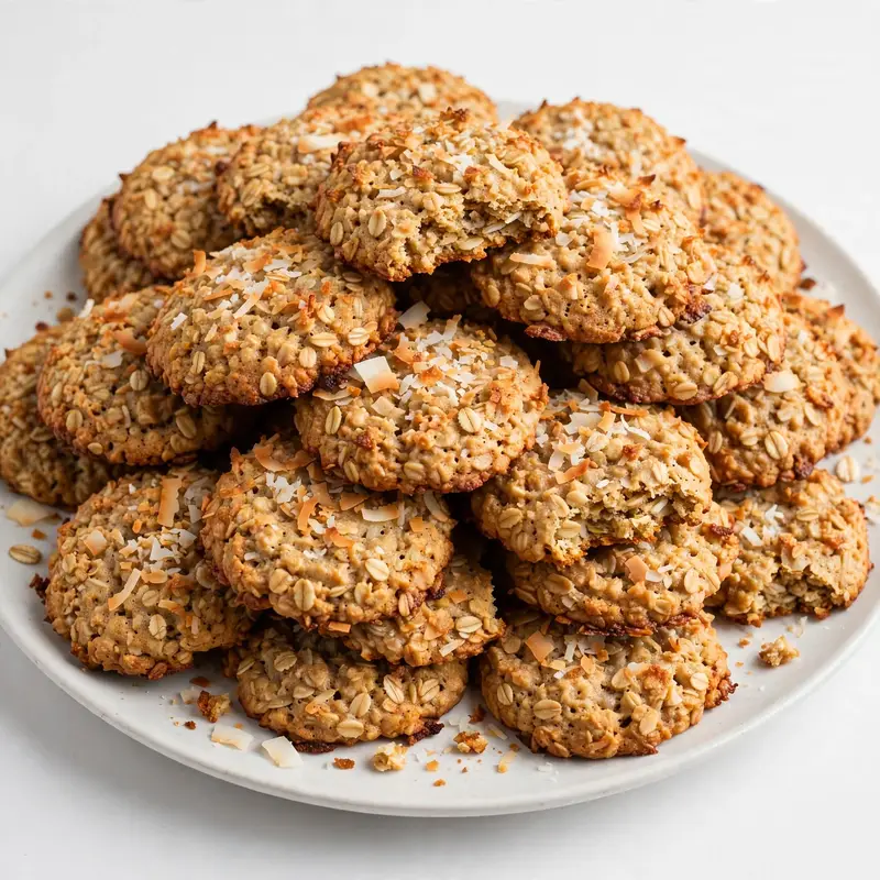 Coconut oatmeal cookies piled high on a round plate with toasted coconut