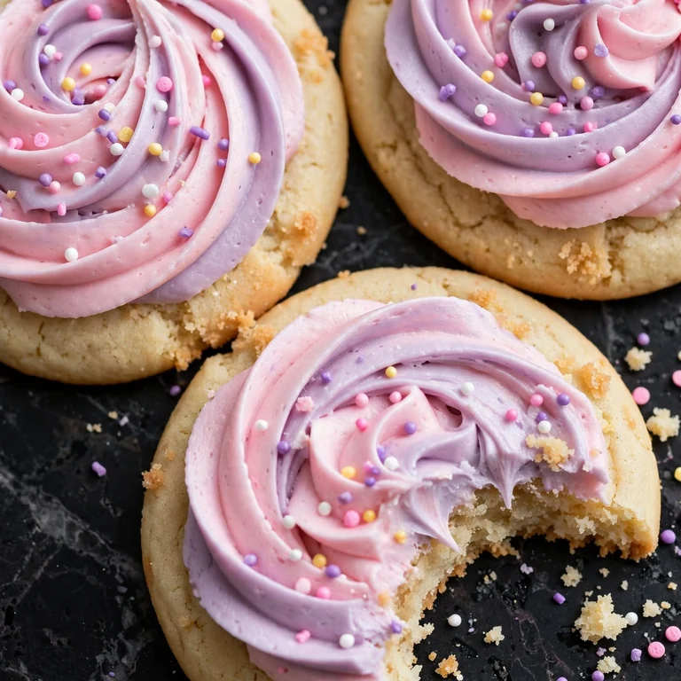 Soft frosted sugar cookies with pink and lavender buttercream swirls