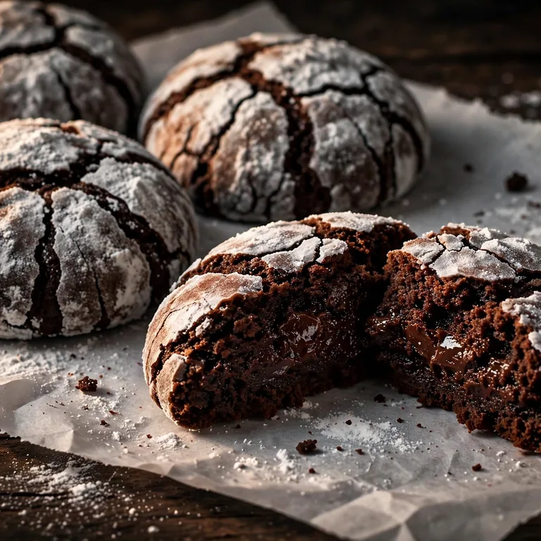 Dark chocolate crinkle cookies dusted in powdered sugar