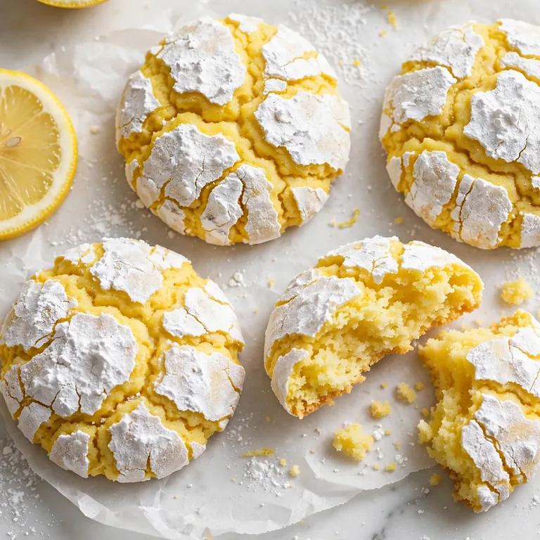 Bright lemon crinkle cookies dusted in powdered sugar
