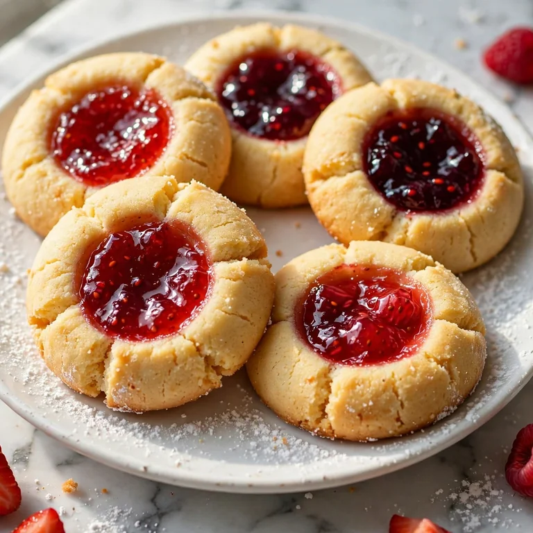 Jam thumbprint cookies filled with strawberry and raspberry jam