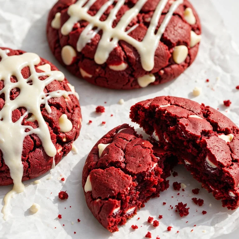 Vibrant red velvet cookies with cream cheese frosting