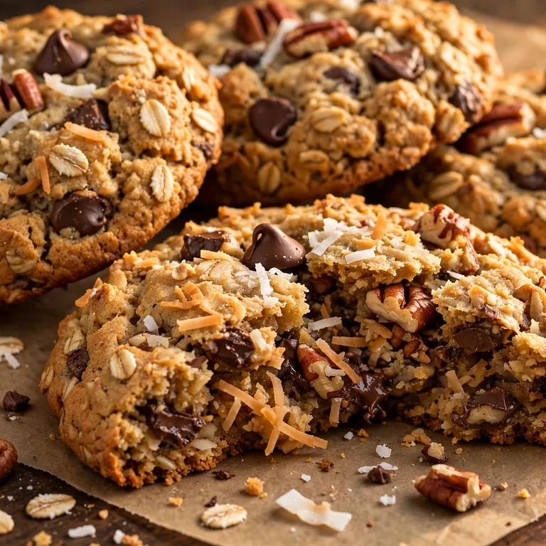 Thick cowboy cookies loaded with oats, chocolate chips, and pecans