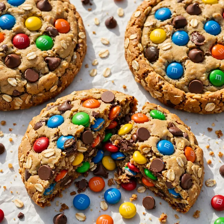 Giant monster cookies loaded with M&Ms and chocolate chips