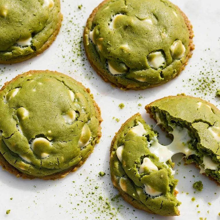Vivid green matcha cookies with white chocolate chips