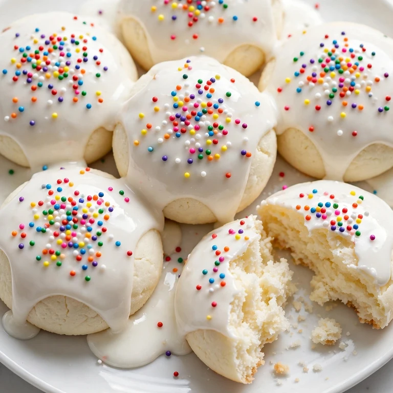 Soft Italian ricotta cookies with glossy white glaze and sprinkles