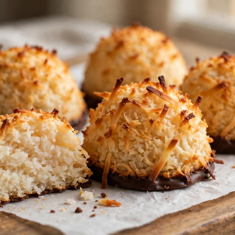 Golden coconut macaroons dipped in dark chocolate