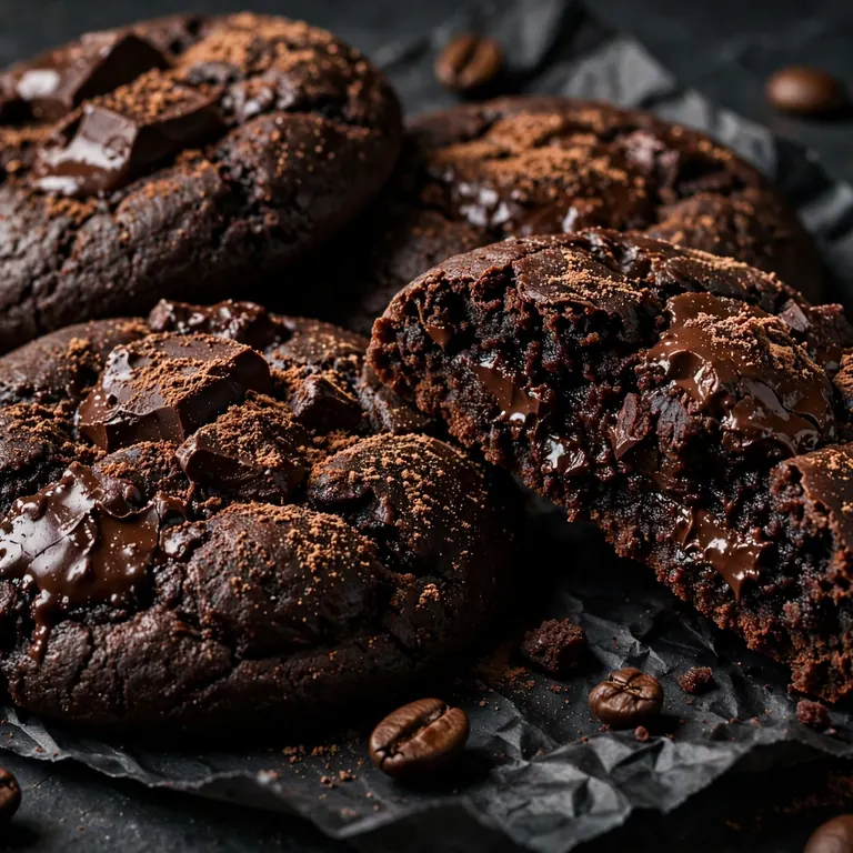 Deep dark espresso chocolate cookies with coffee beans