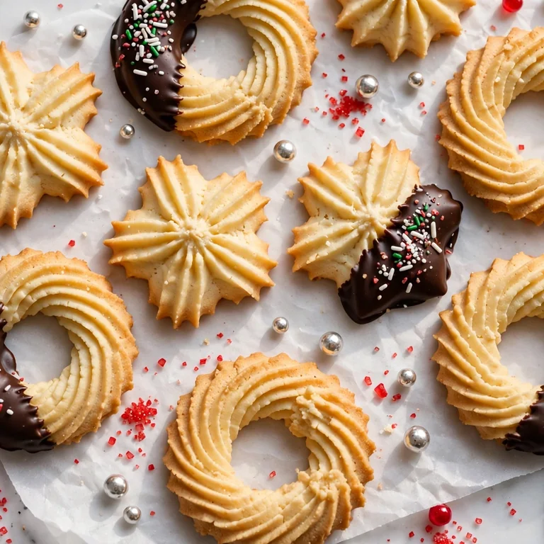 Elegant butter spritz cookies in star and wreath shapes