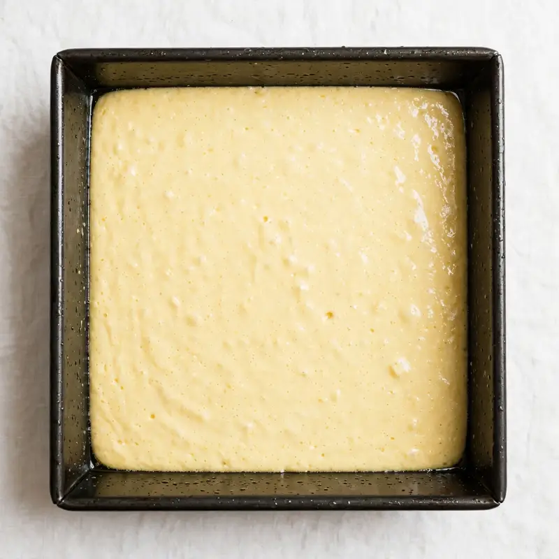 Cornbread batter poured into greased square baking pan ready to go in oven
