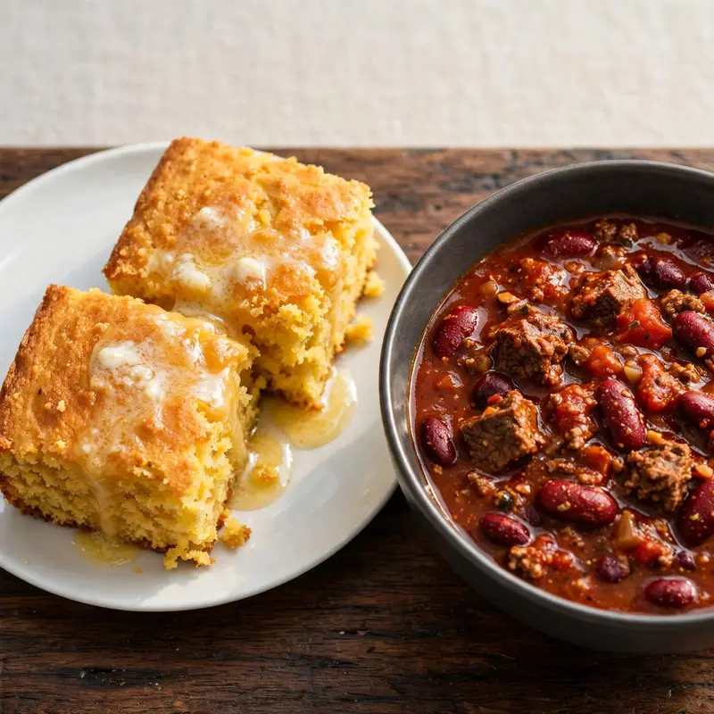Golden cornbread squares on white plate beside a bowl of beef chili