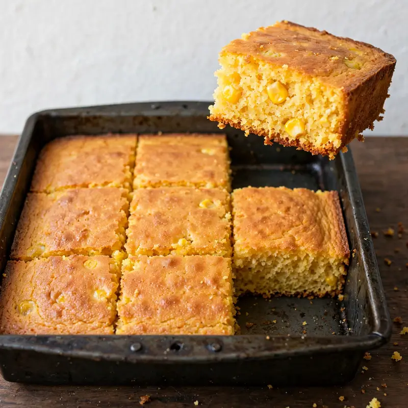 Square pan of golden cornbread with one piece lifted showing moist crumb