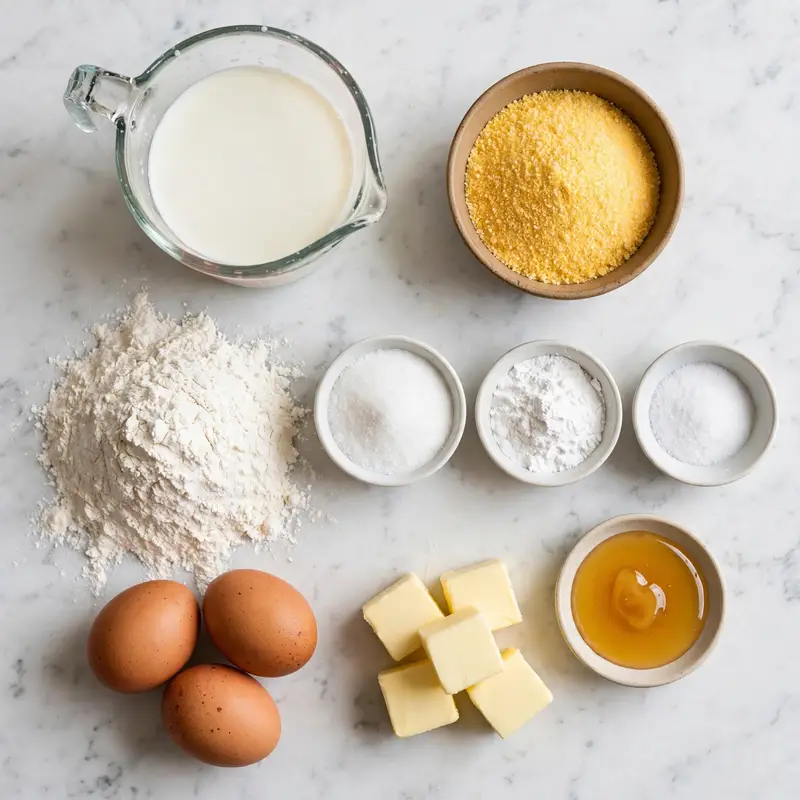 Cornbread recipe ingredients flatlay on white marble including yellow cornmeal
