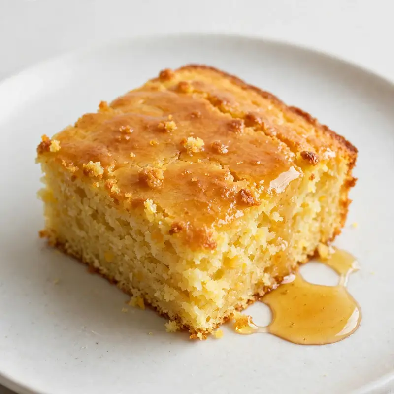 Single square of moist golden cornbread on white plate with honey drizzle