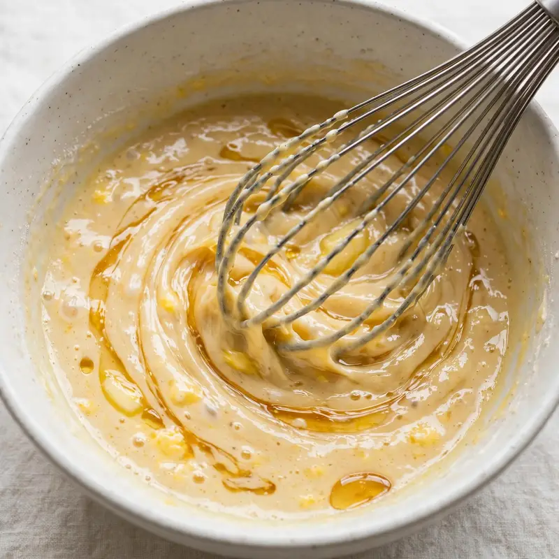 Wet ingredients for cornbread being whisked together in white ceramic bowl