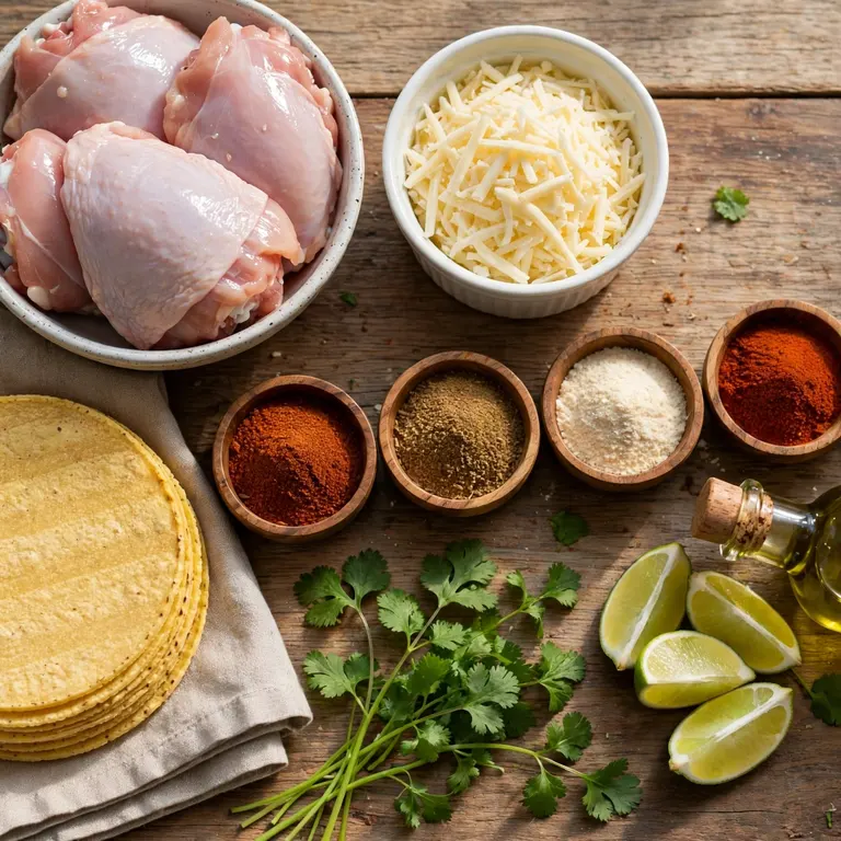 Ingredients for crispy baked chicken tacos arranged on a wooden countertop