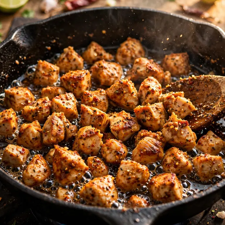 Diced chicken thighs cooking in a cast iron skillet with taco seasoning