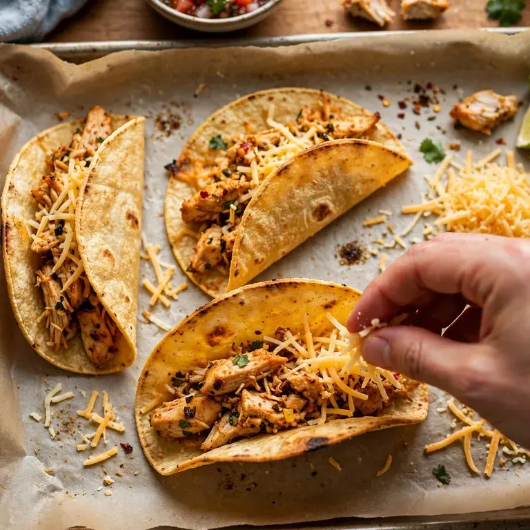 Hands assembling crispy baked chicken tacos on a baking sheet
