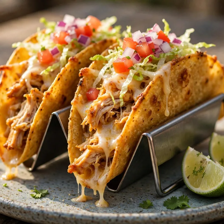 Three crispy baked chicken tacos standing upright on a ceramic plate