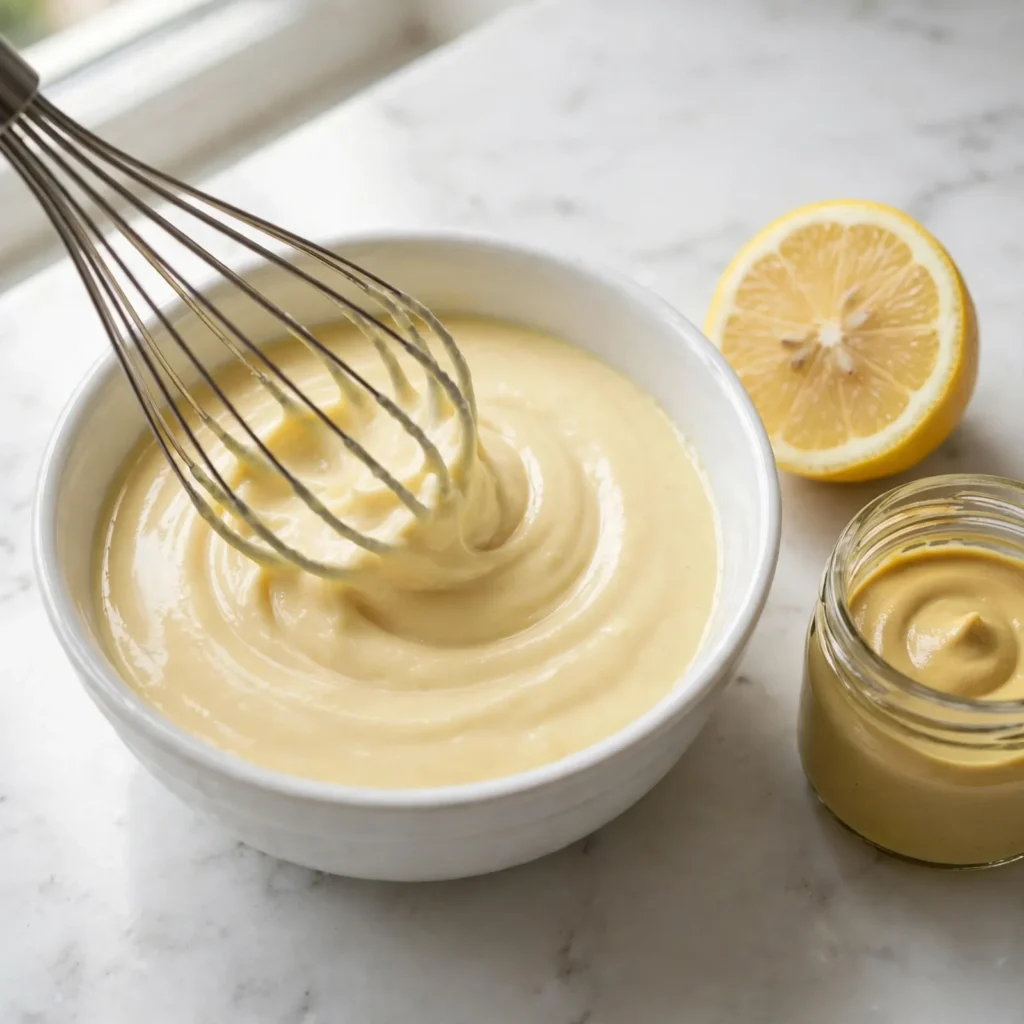 Egg salad dressing being whisked in a small white bowl showing creamy yellow mayonnaise and Dijon mixture with whisk