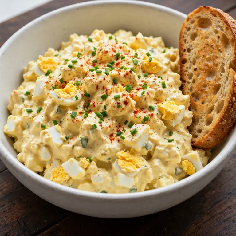 Classic egg salad in white bowl with chives, paprika, and toasted sourdough on dark wood