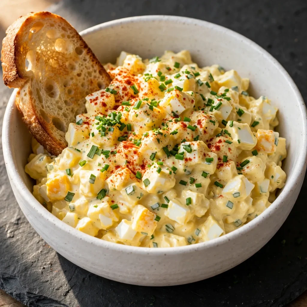 Final beauty shot of egg salad in white bowl with chives, paprika, and toasted sourdough leaning against the bowl on dark stone