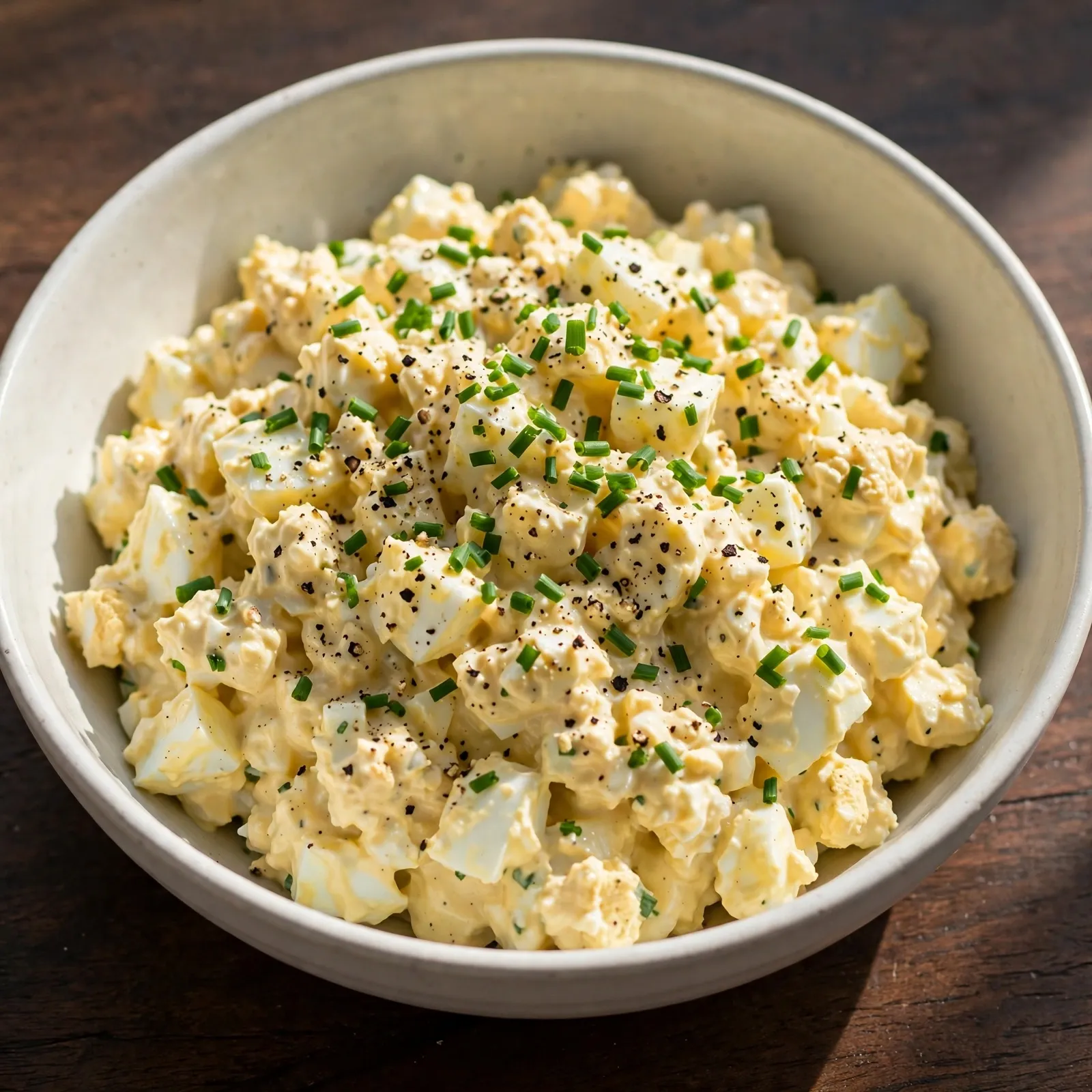 Classic egg salad in white ceramic bowl with chives and black pepper on dark wood