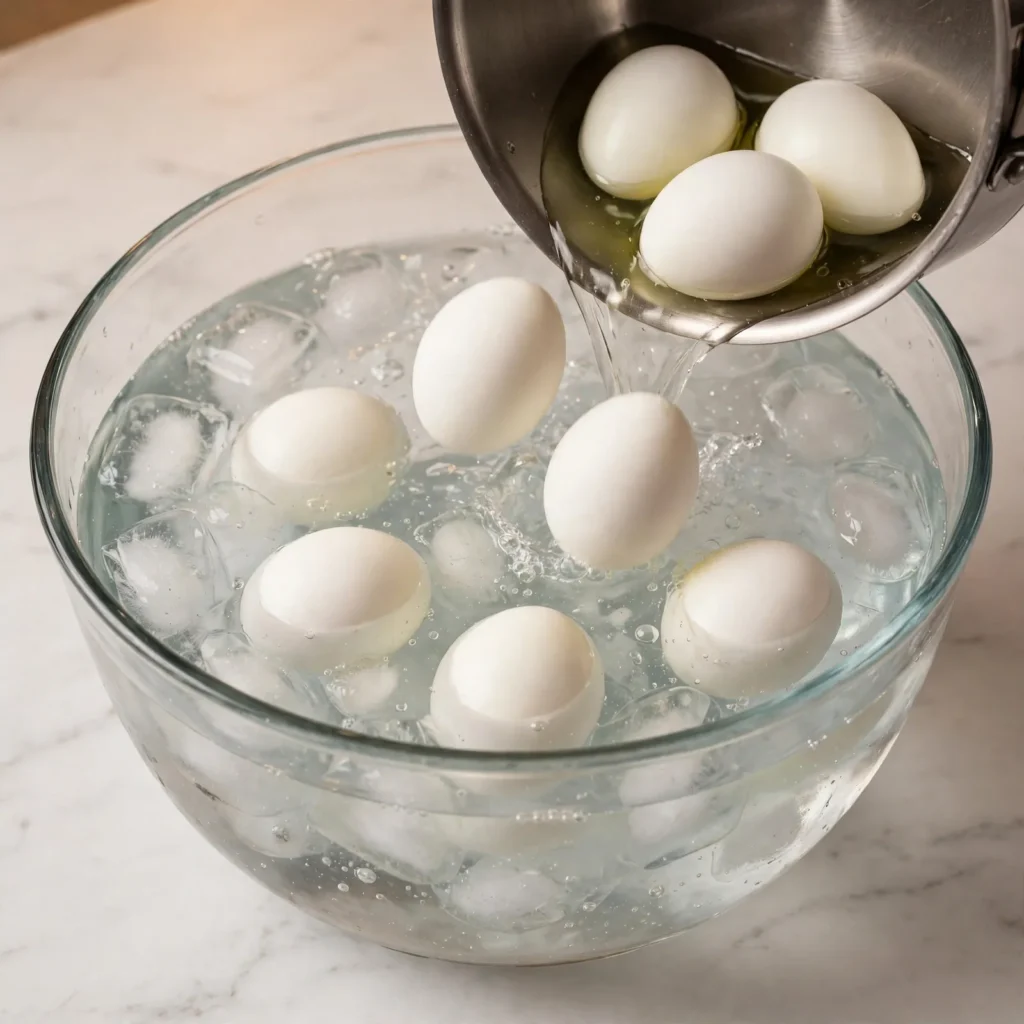 Hard-boiled eggs being transferred into an ice bath bowl with ice cubes