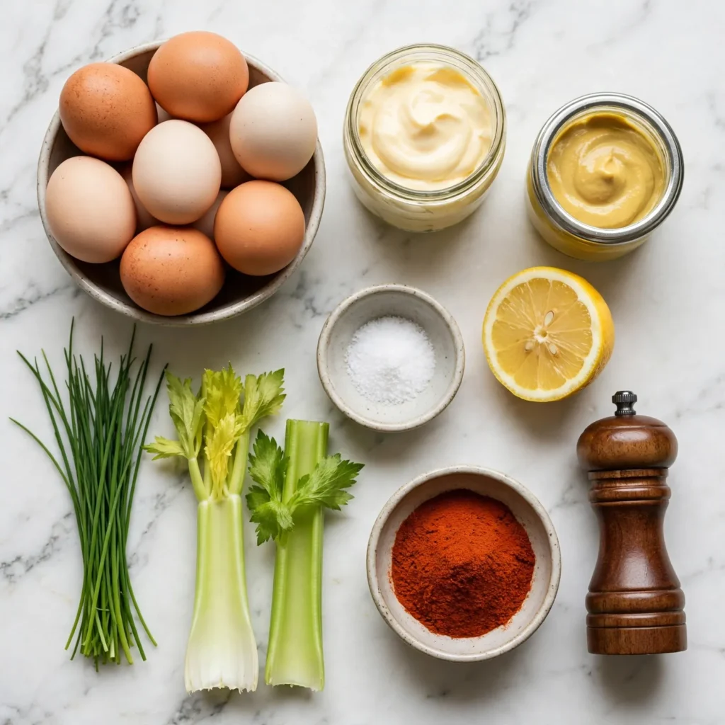 Egg salad ingredients flat lay on white marble including eggs, mayonnaise, Dijon mustard, lemon, celery, and chives