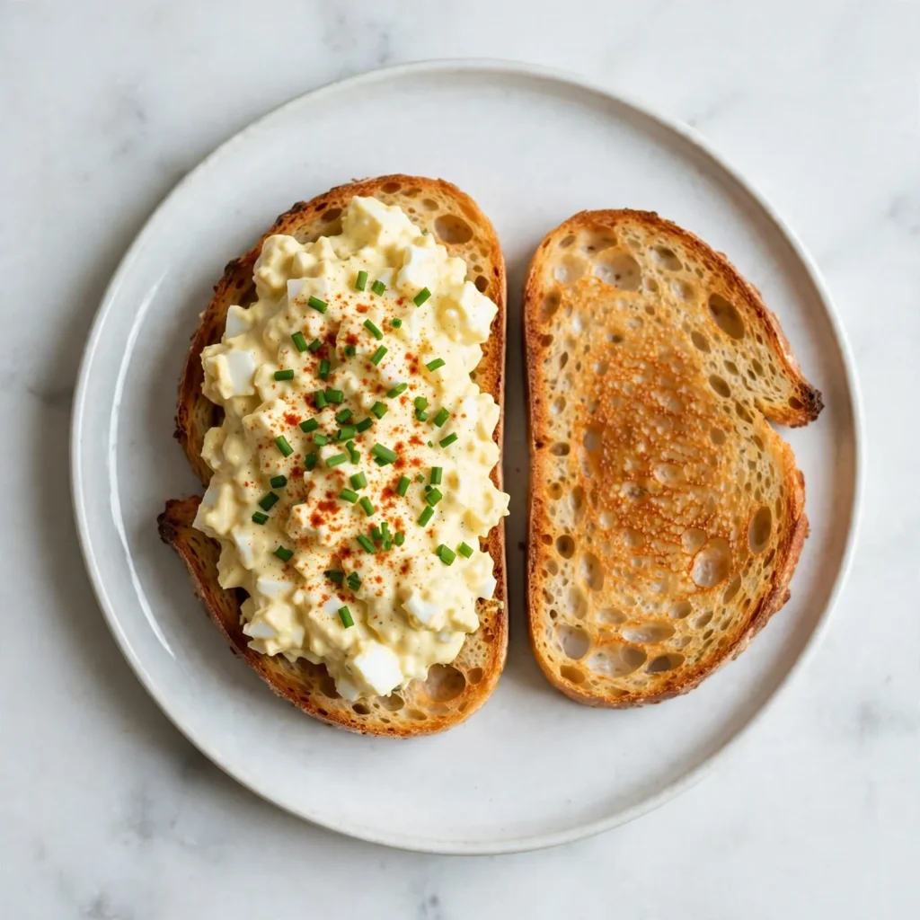 Overhead view of egg salad on toasted sourdough on white plate with chives and paprika on white marble