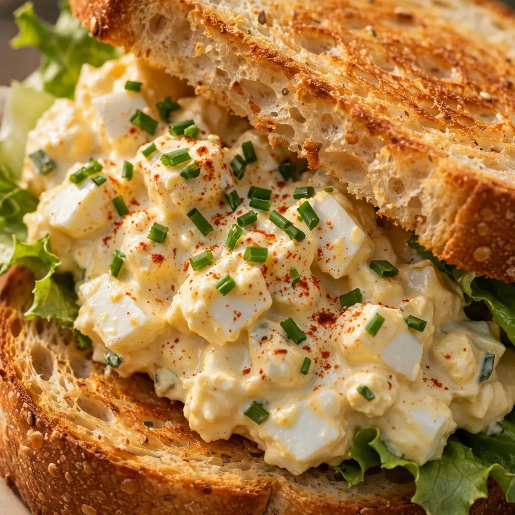 Egg salad sandwich close-up with chives and smoked paprika on toasted sourdough