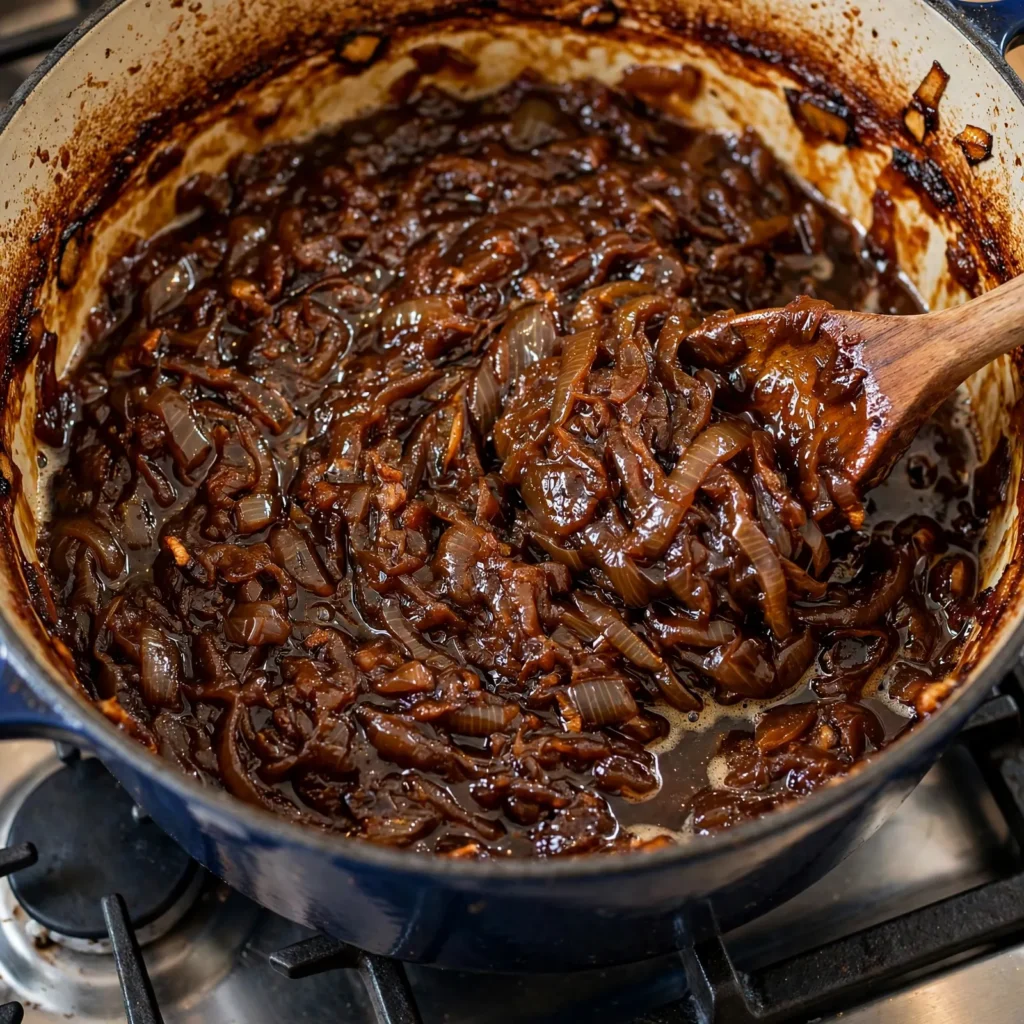 Deeply caramelized amber-brown onions in a large Dutch oven being stirred with wooden spoon showing jammy consistency