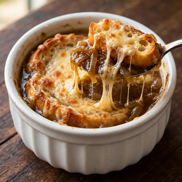 Spoon lifting French onion soup with melted Gruyère cheese stretching from a white crock