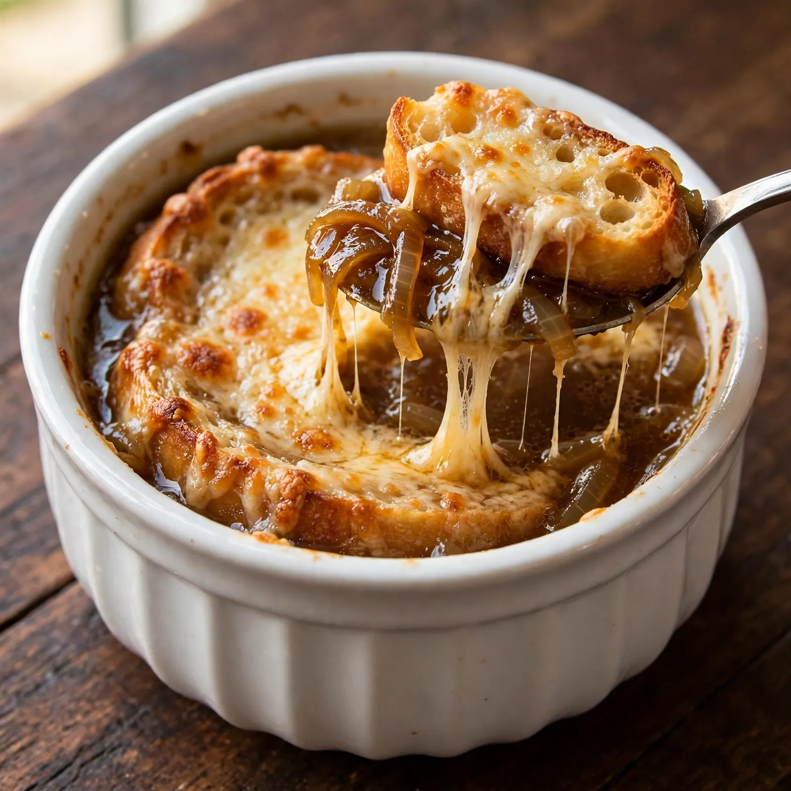 Spoon lifting French onion soup with melted Gruyère cheese stretching from a white crock