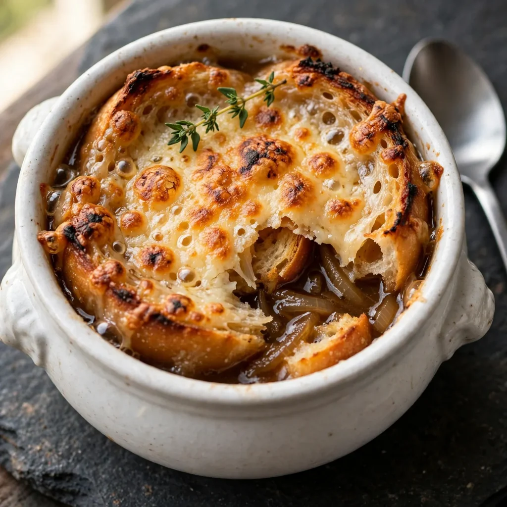 Final beauty shot of French onion soup crock with golden bubbling cheese crust breaking open to show amber broth and thyme on dark stone