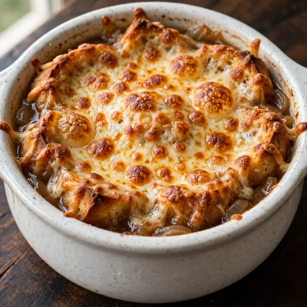 French onion soup in white ceramic crock with golden bubbling Gruyère cheese crust on dark wood