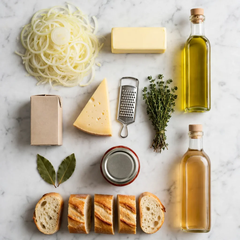 French onion soup ingredients flat lay on white marble including sliced onions, Gruyère, beef broth, thyme, and baguette