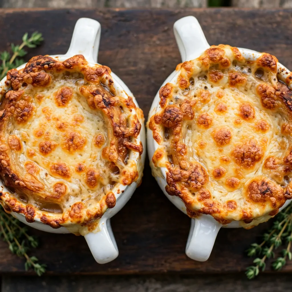 Overhead view of two French onion soup crocks with golden bubbling cheese crusts and fresh thyme on dark wood