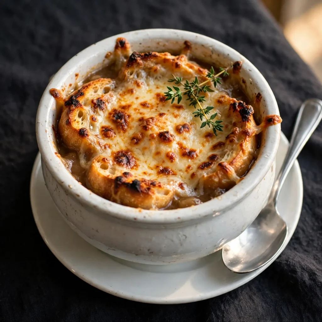 French onion soup in white crock with bubbling golden cheese crust and thyme on dark linen with a soup spoon