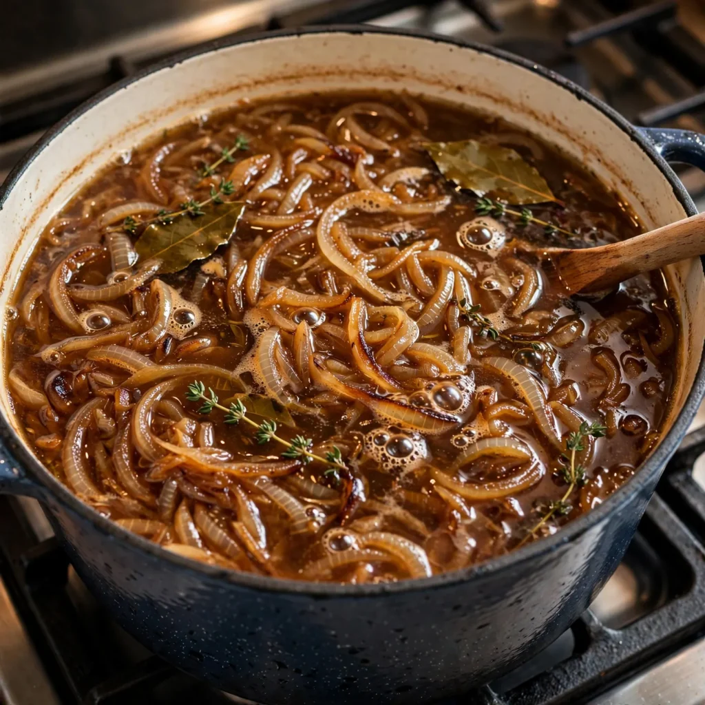 French onion soup simmering in Dutch oven with dark amber broth, caramelized onions, and thyme sprigs